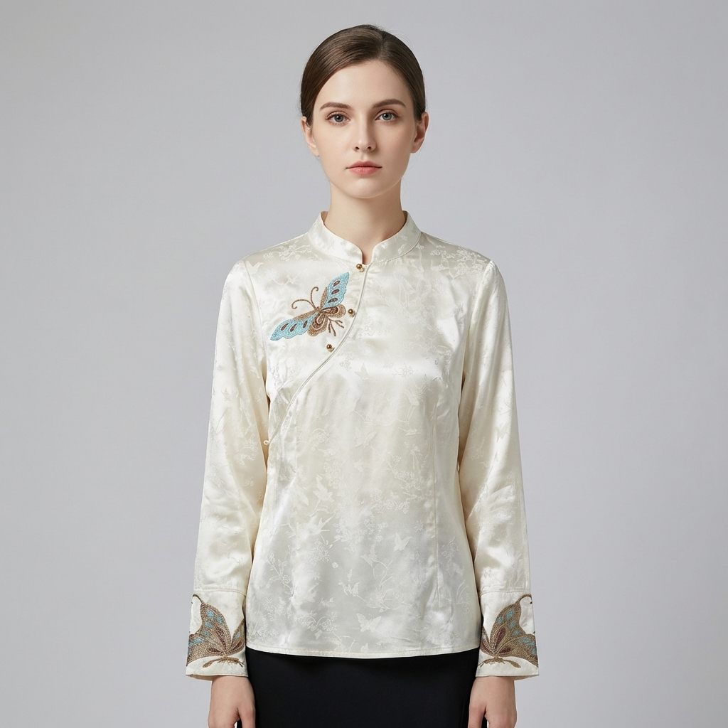 Luxury Satin Jacquard Butterfly Embroidery Top, Chinese Style Commute Shirt