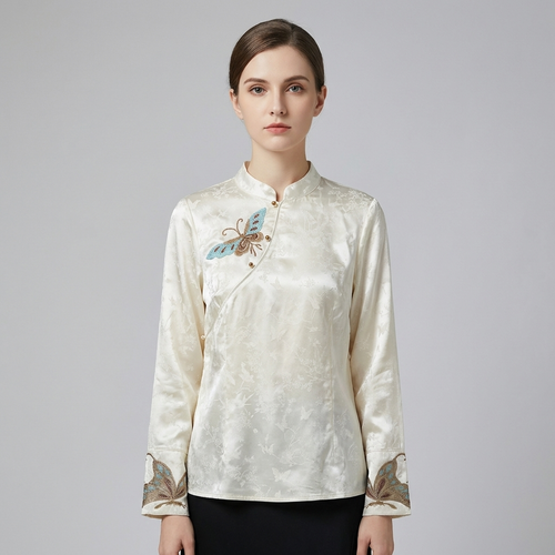 Luxury Satin Jacquard Butterfly Embroidery Top, Chinese Style Commute Shirt