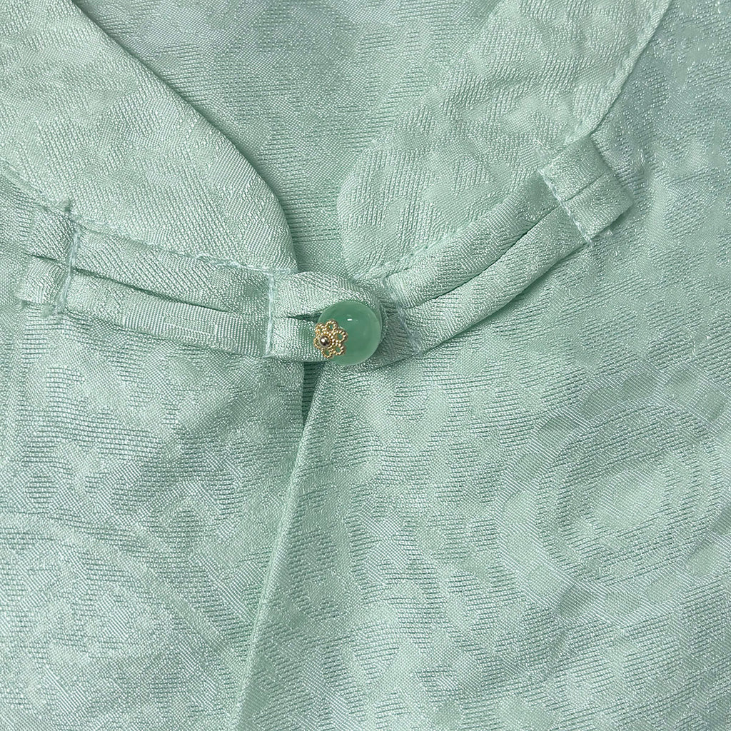 New Chinese-style Light Green Jacquard Frog-Button Blouse Stand Collar Shirt