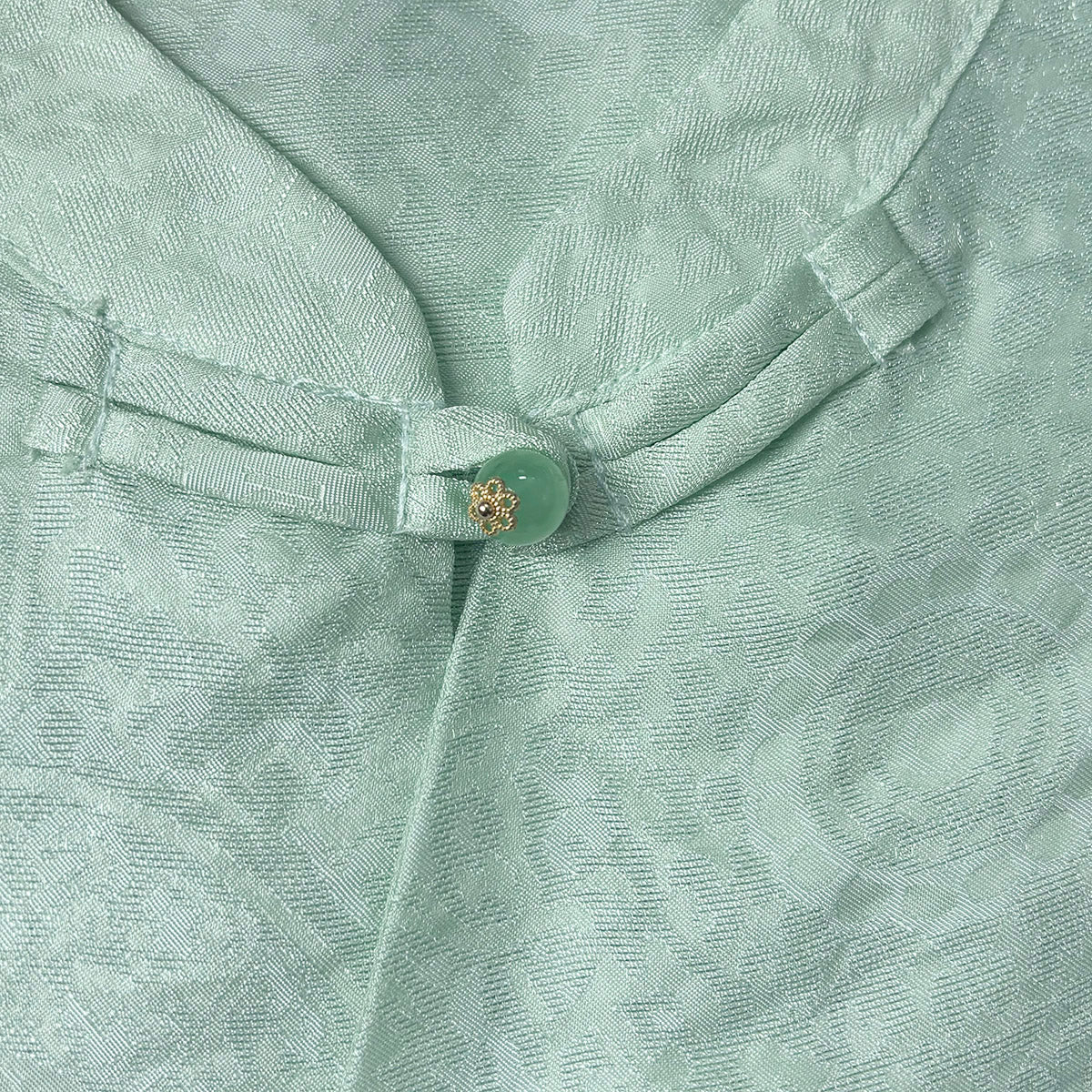 New Chinese-style Light Green Jacquard Frog-Button Blouse Stand Collar Shirt