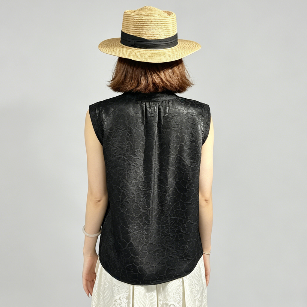 New Chinese-style Black Crinkled Texture Sleeveless Top