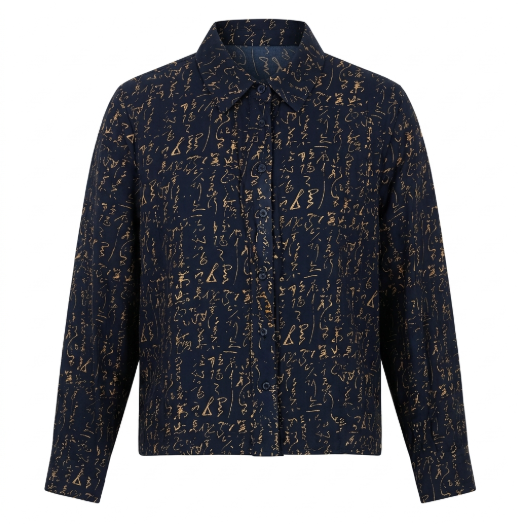 New Chinese-style Calligraphy Gilded Shirt, Navy Chinese Style Jacquard Long-Sleeve Top