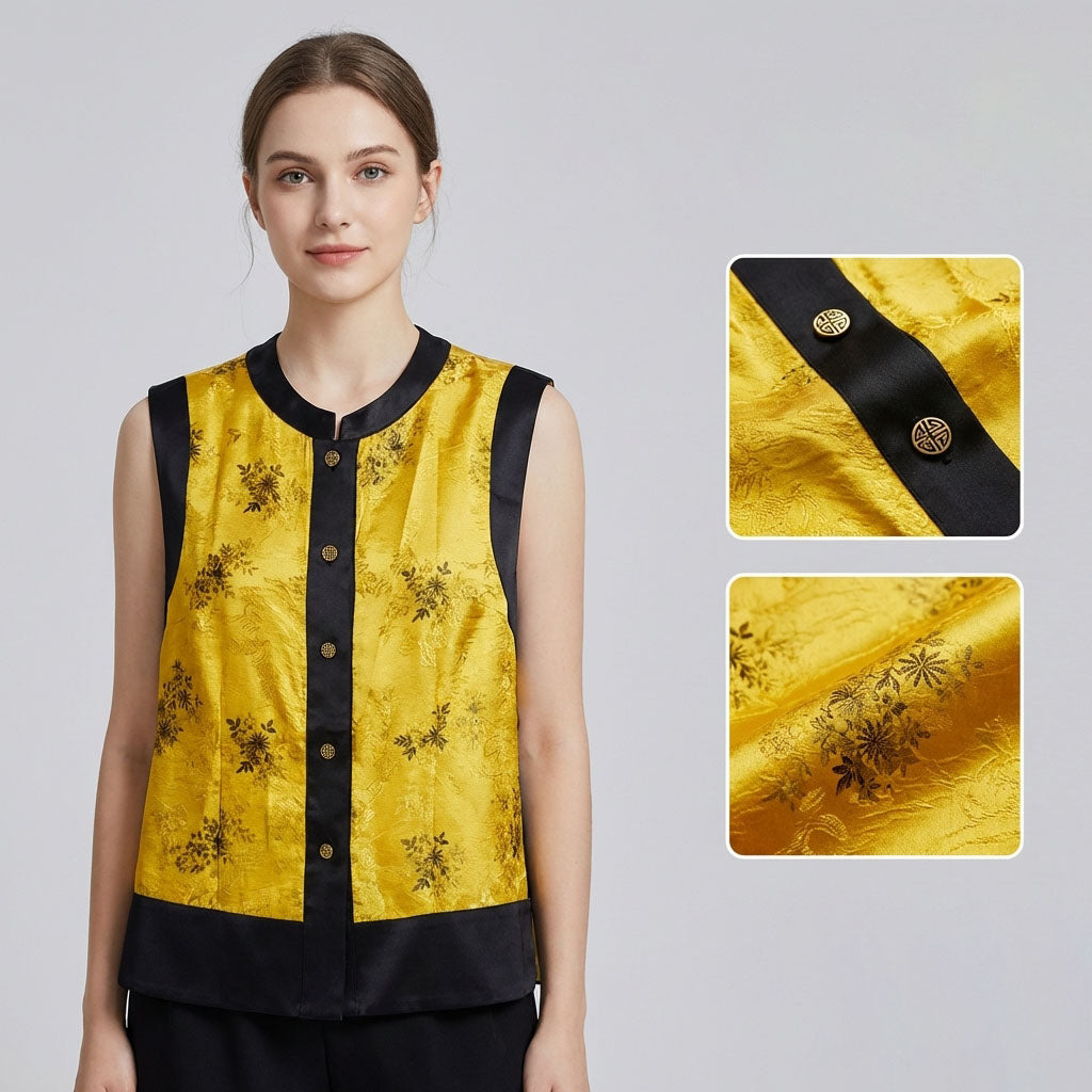New Chinese Style Xiangyunsha Yellow Floral Colorblock Vest, Vintage Silk Sleeveless Outerwear