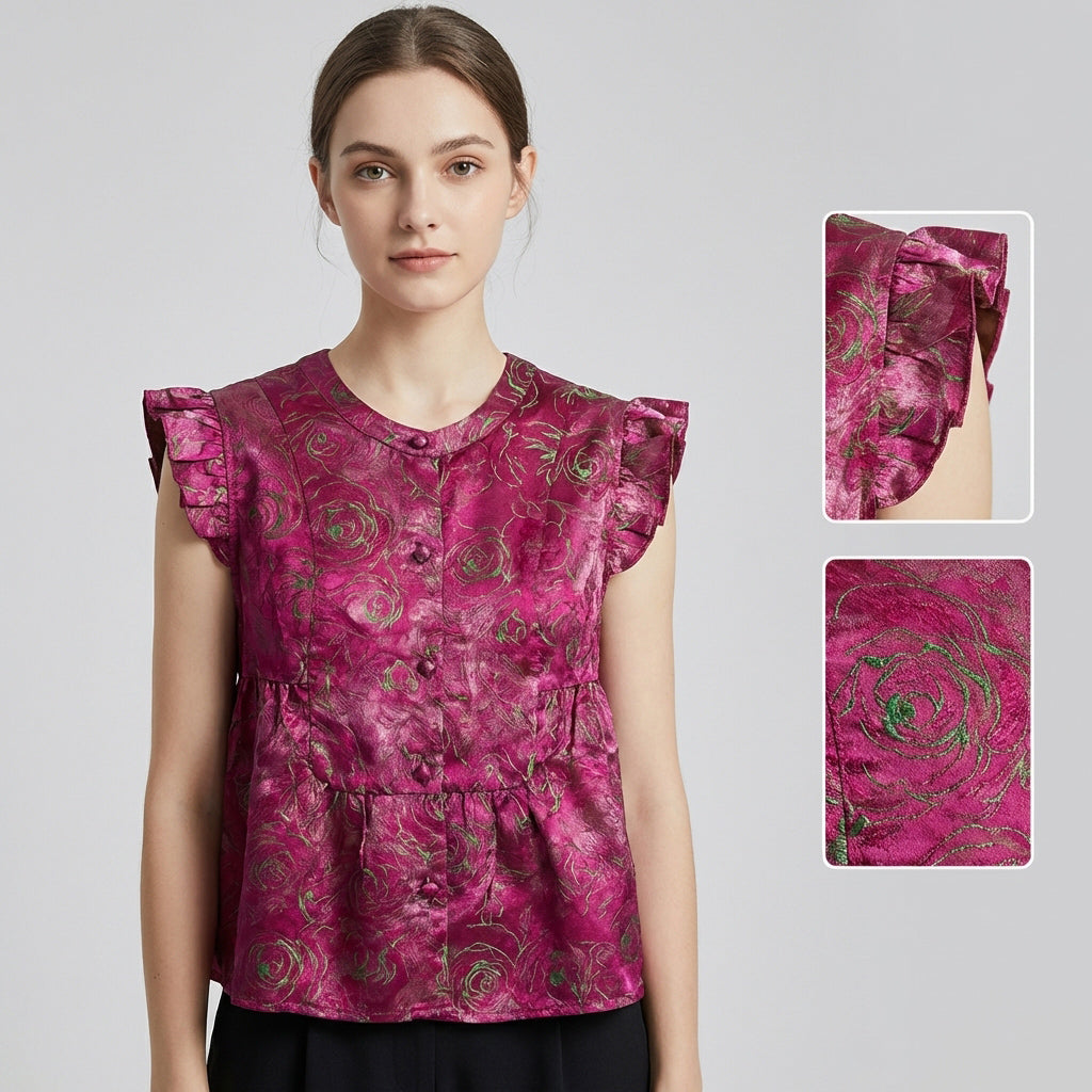New Chinese-style Women's Top Sleeveless Short Style Rose Red Rose Pattern Cool Silk
