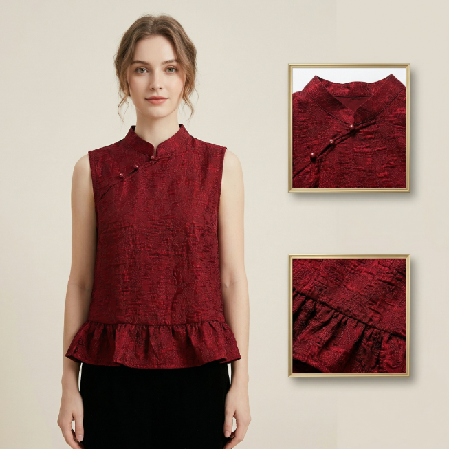 New Chinese-style Women's Top, Silk Sleeveless, Red Vest, Summer Outerwear Vest