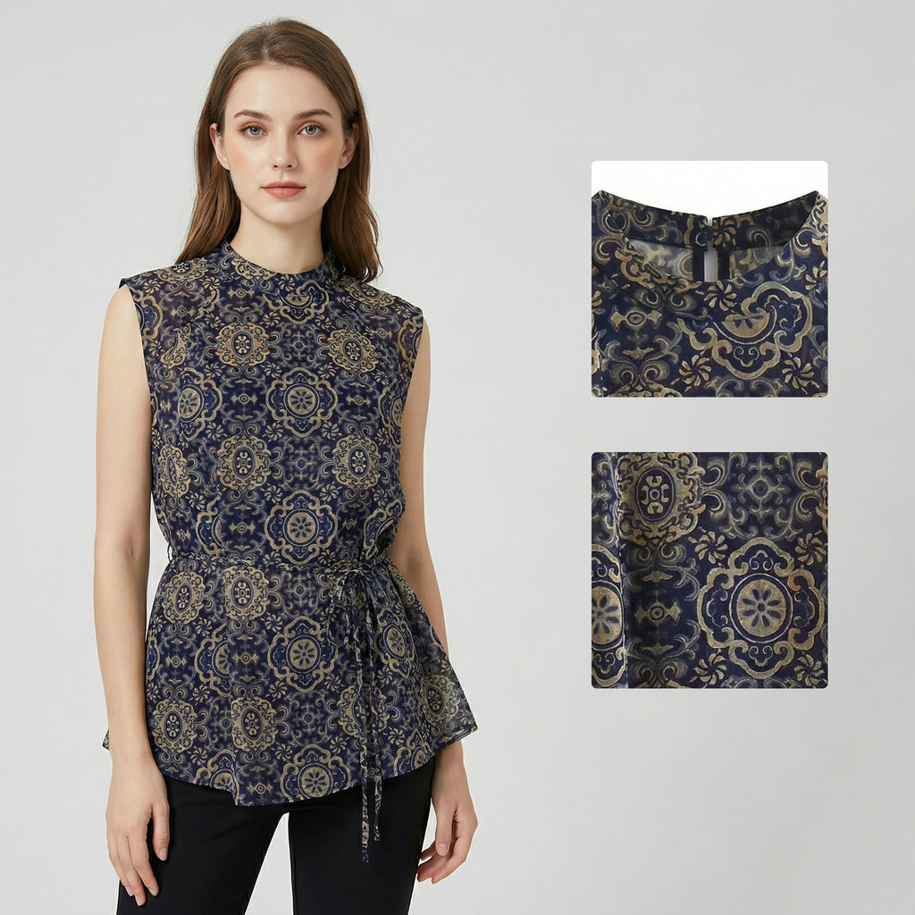 Women's top, printed sleeveless vest, silk belt shirt, elegant temperament