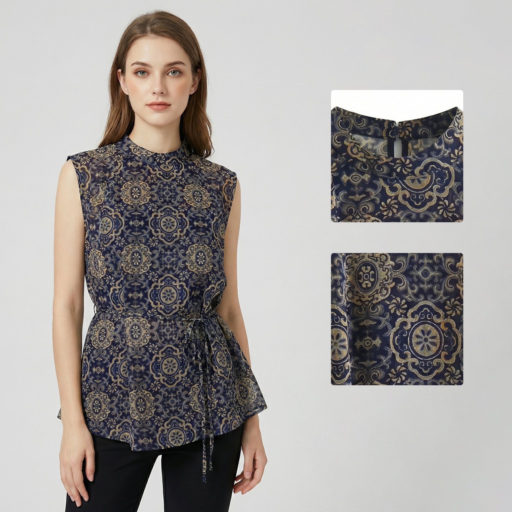 Women's top, printed sleeveless vest, silk belt shirt, elegant temperament