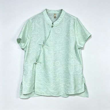 New Chinese-style Light Green Jacquard Frog-Button Blouse Stand Collar Shirt