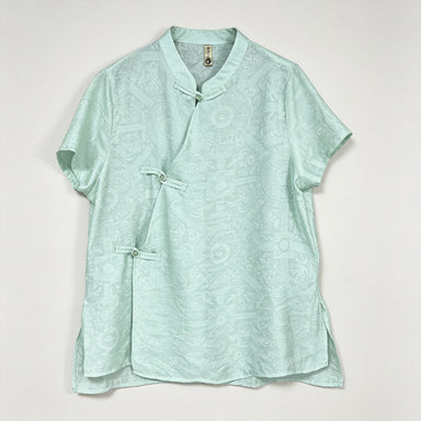 New Chinese-style Light Green Jacquard Frog-Button Blouse Stand Collar Shirt