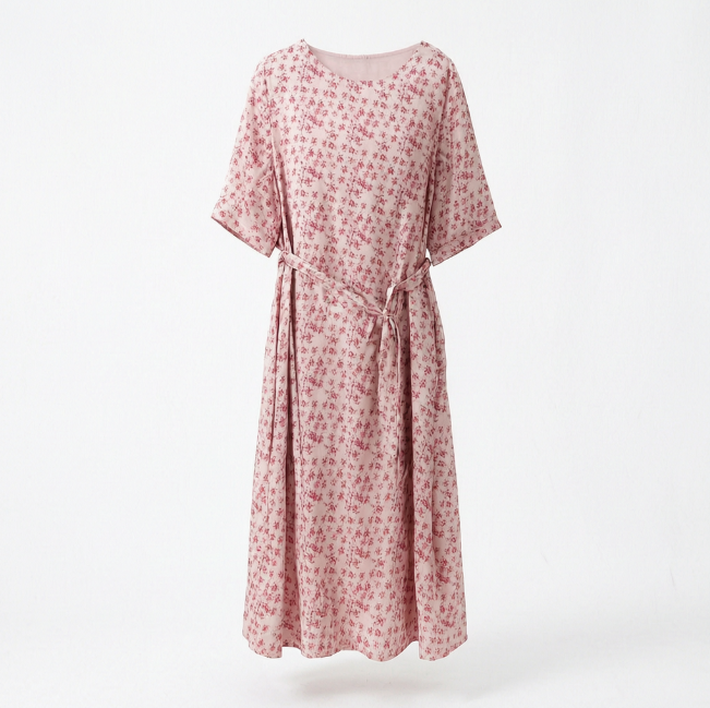 New Chinese-Style Pink Small Floral Waist-trimmed Dress