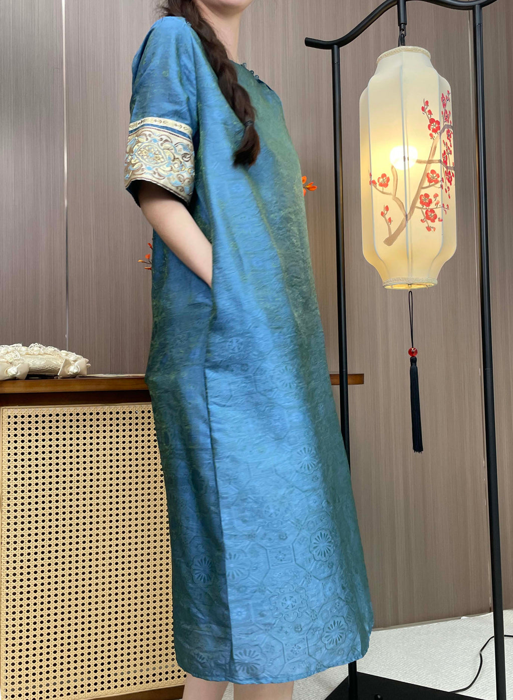 New Chinese-style Blue Jacquard Embroidered Loose Dress