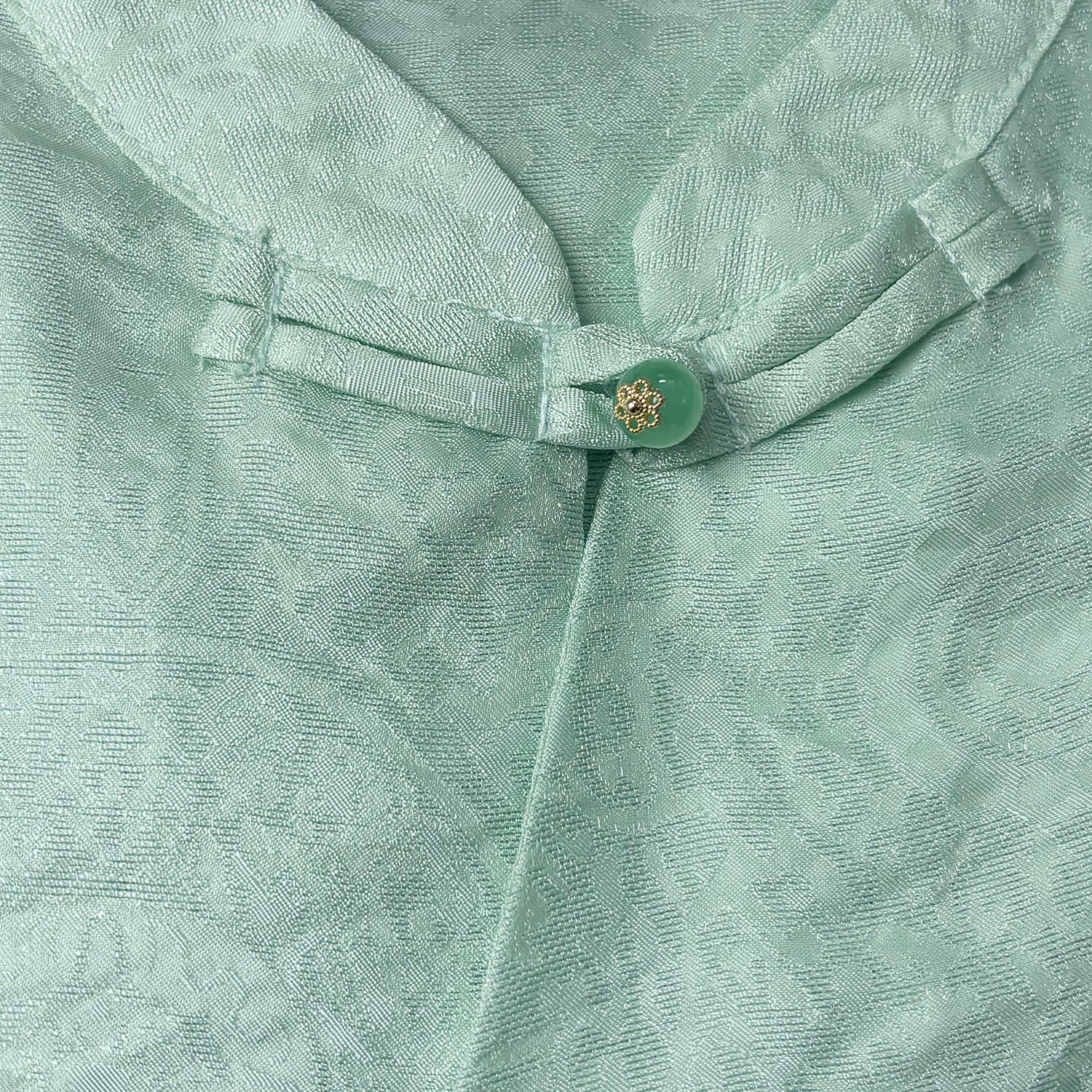 New Chinese-style Light Green Jacquard Frog-Button Blouse Stand Collar Shirt
