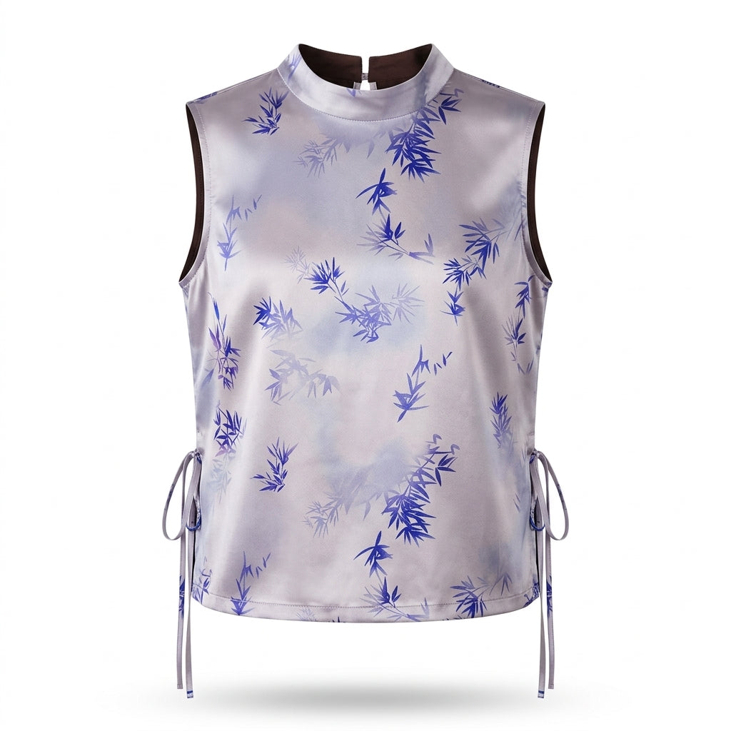 Women's Top Sleeveless Stand Collar Satin Print Chinese-Style Vest