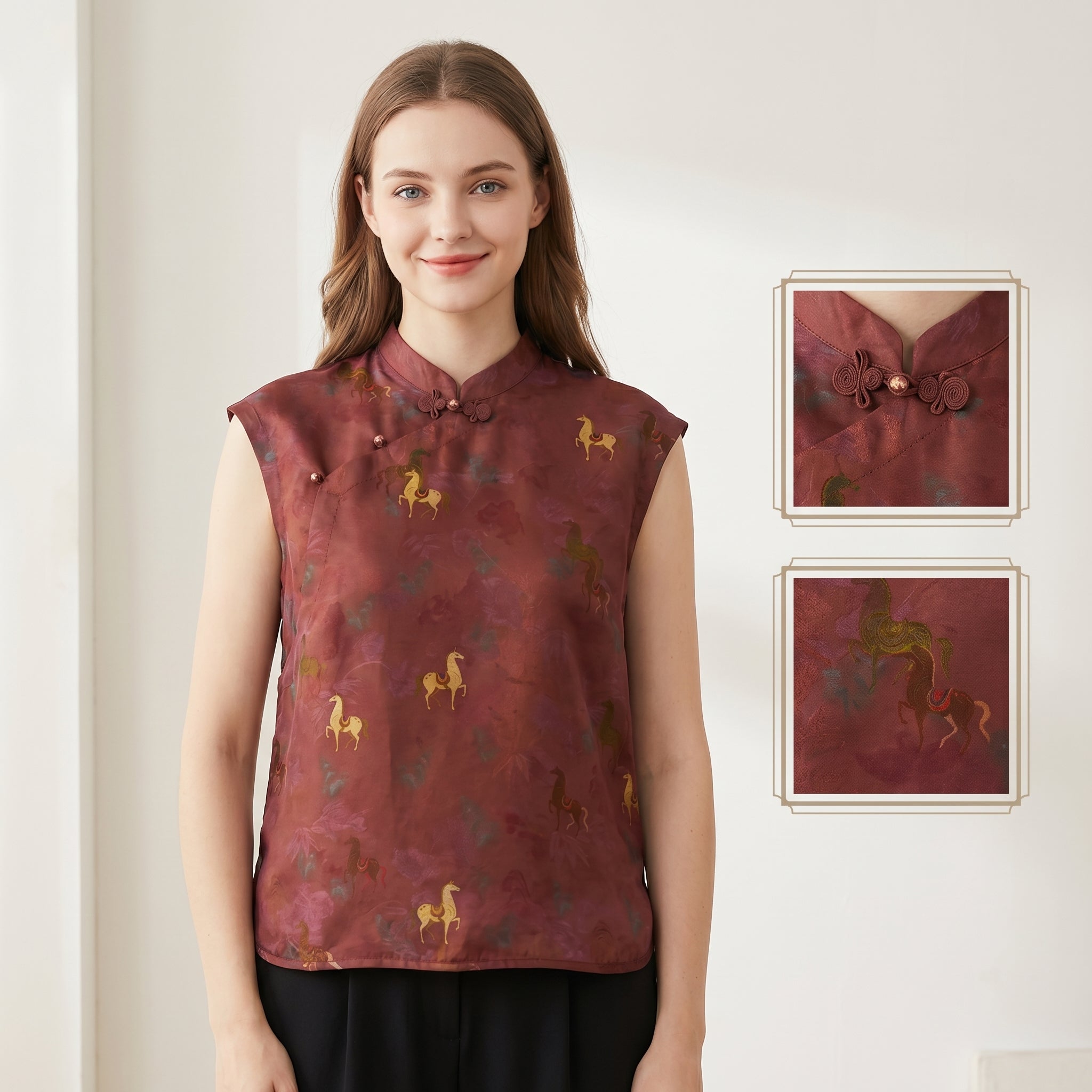 New Chinese Style Horse Print Mandarin Collar Sleeveless Vest