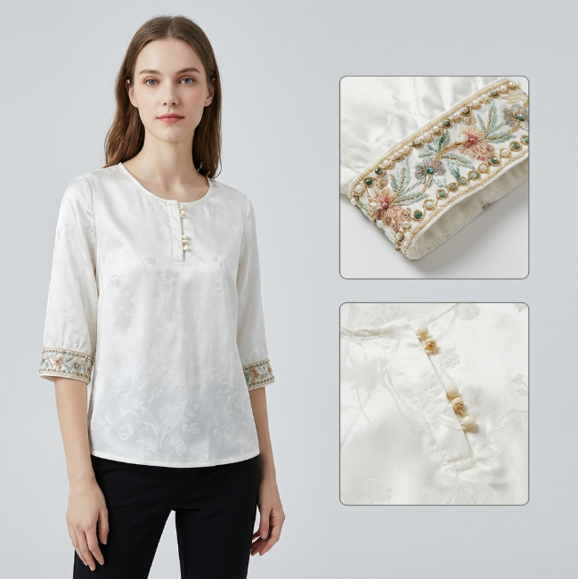 New Chinese-Style White 3/4 Sleeve Round Neck Loose Top