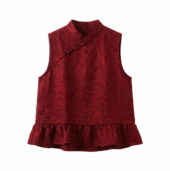 New Chinese-style Women's Top, Silk Sleeveless, Red Vest, Summer Outerwear Vest
