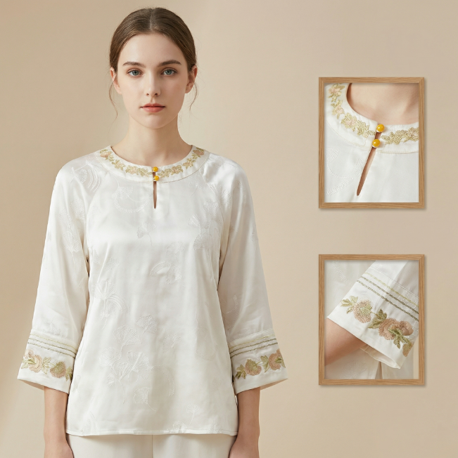 Women's Top Hand-Embroidered Silk Round Neck Shirt Xiangyun Gauze Blouse