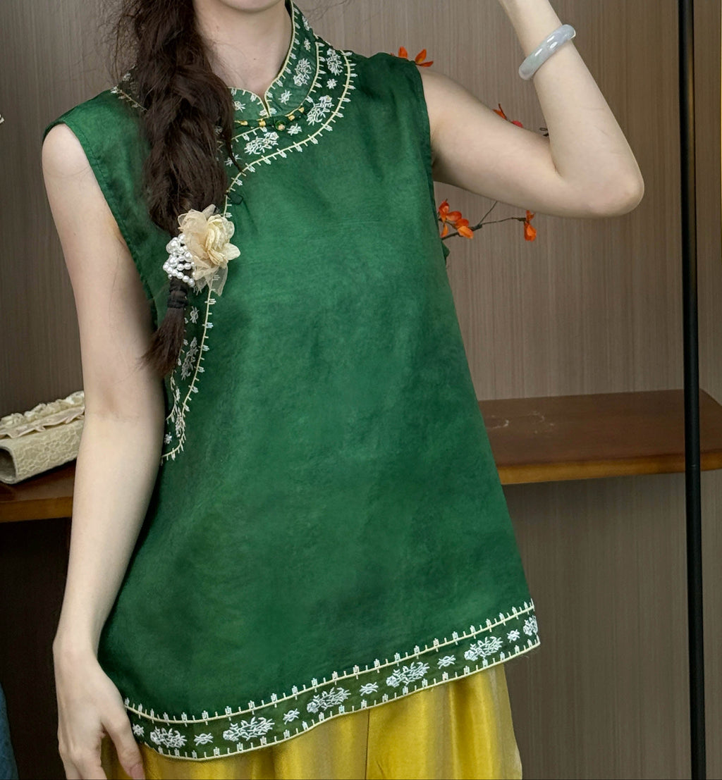 New Chinese-style Dark Green Embroidered Chinese Vest