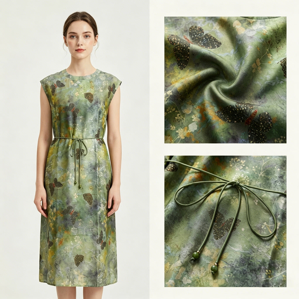 New Chinese-Style Ink Butterfly Print Waist-Tie Midi Dress
