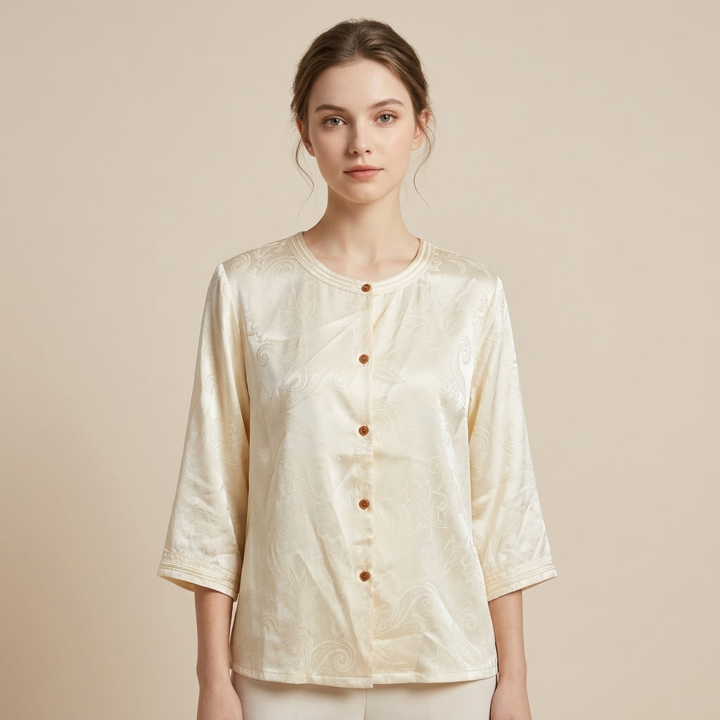 New Chinese-style Jacquard Round Neck 3/4 Sleeve Blouse