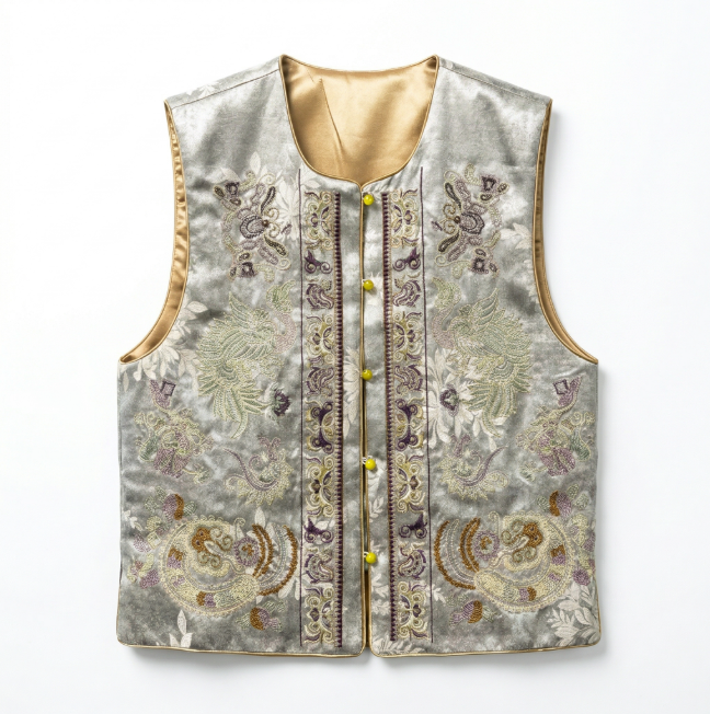 Women's Top Heavywork Phoenix Embroidery Mulberry Silk Vest Pearl Buttons