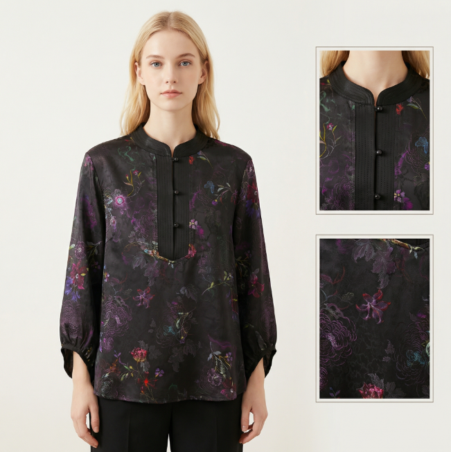 Women's top, bud sleeve short top, jacquard fabric, three-quarter sleeves