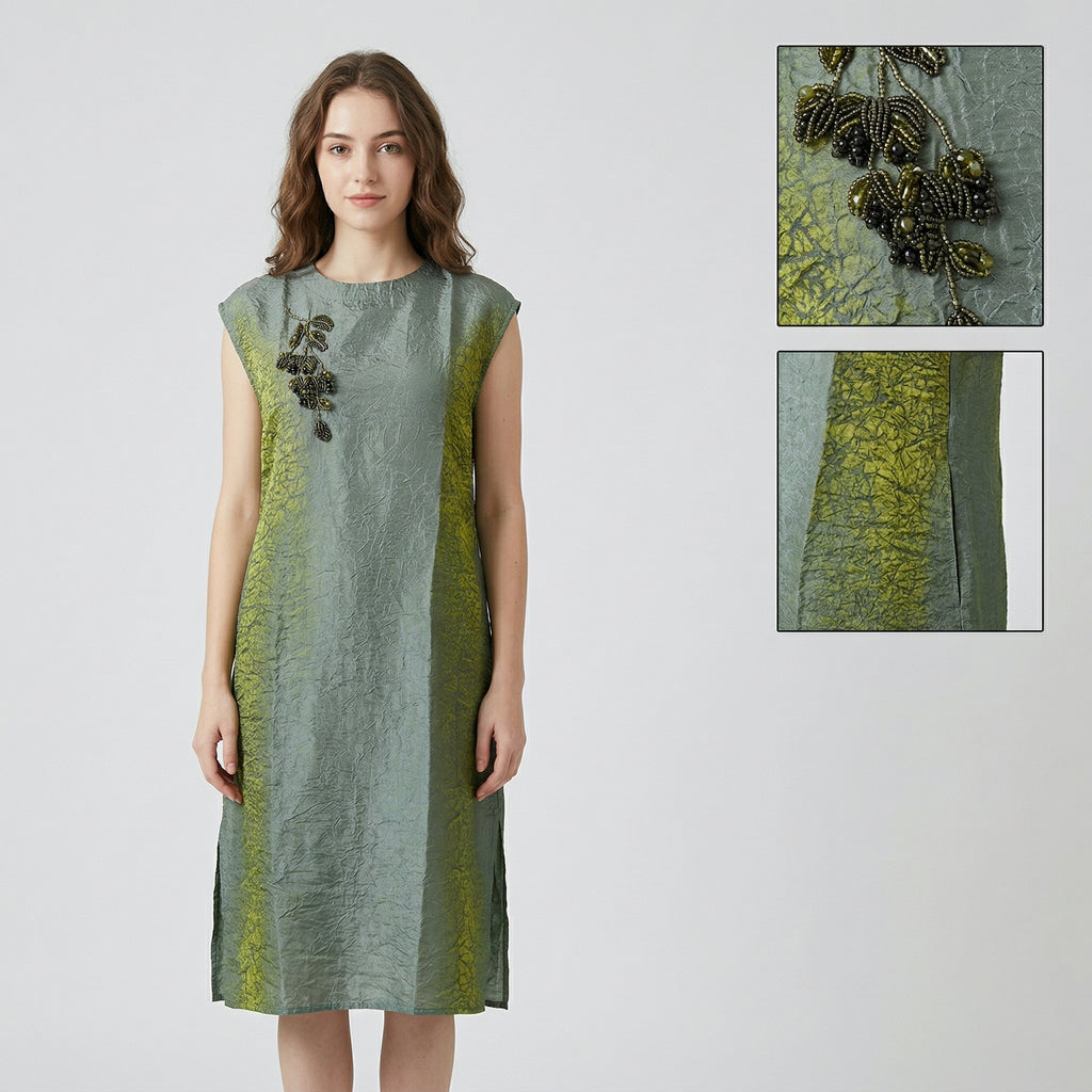New Chinese-Style Hand-Beaded Ombre Green Midi Dress