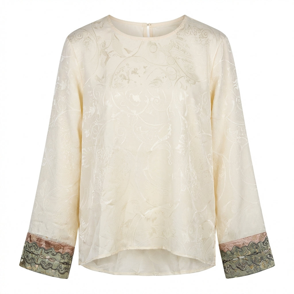 New Chinese Style Jacquard Round Neck Top, Contrast Embroidery Cuff Loose Long Sleeve Blouse