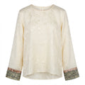 New Chinese Style Jacquard Round Neck Top, Contrast Embroidery Cuff Loose Long Sleeve Blouse