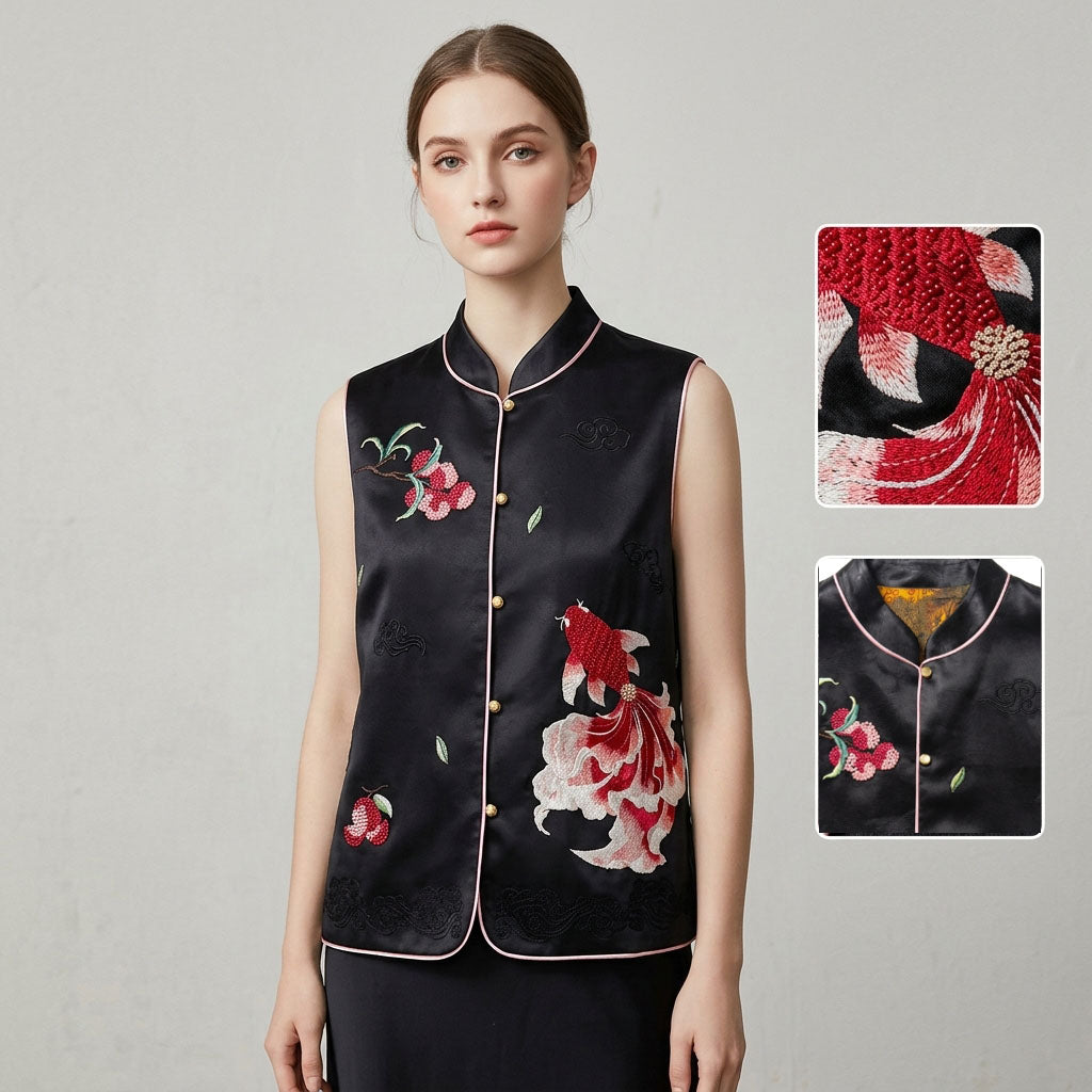 Women's Top Hand-Embroidered Chinese-Style Vest Vintage Stand Collar Vest