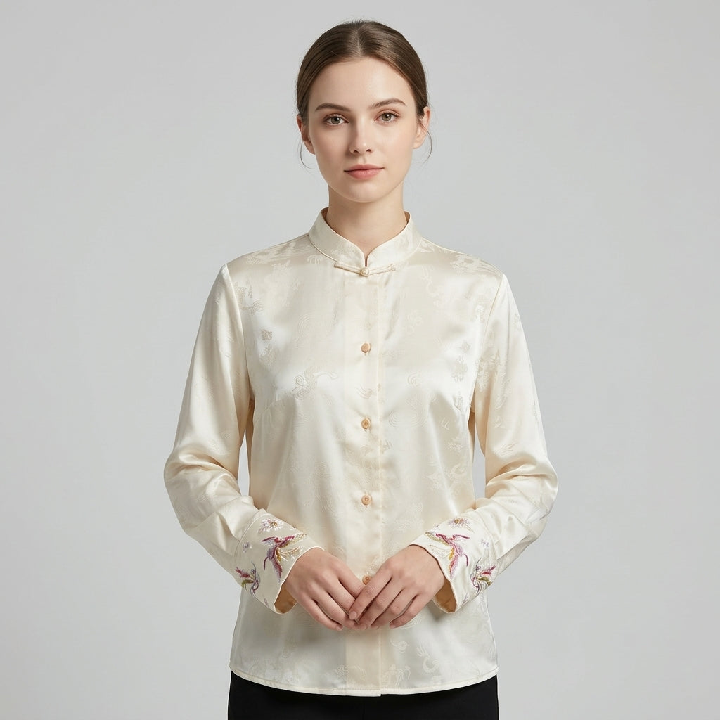 Gentle Apricot Dragon Jacquard Embroidery Shirt, Versatile Chinese Style Commute Top