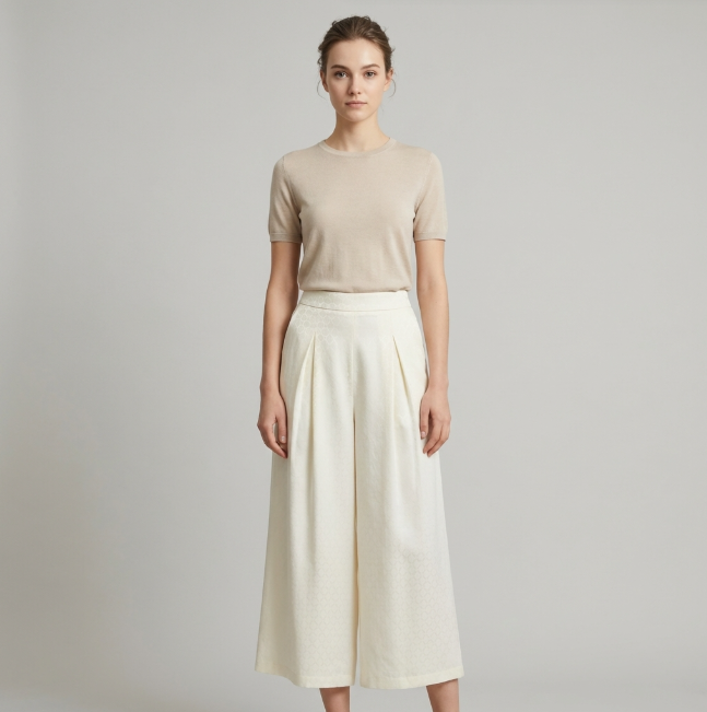 New Chinese-style Off-white Textured High-waist Wide-leg Pants