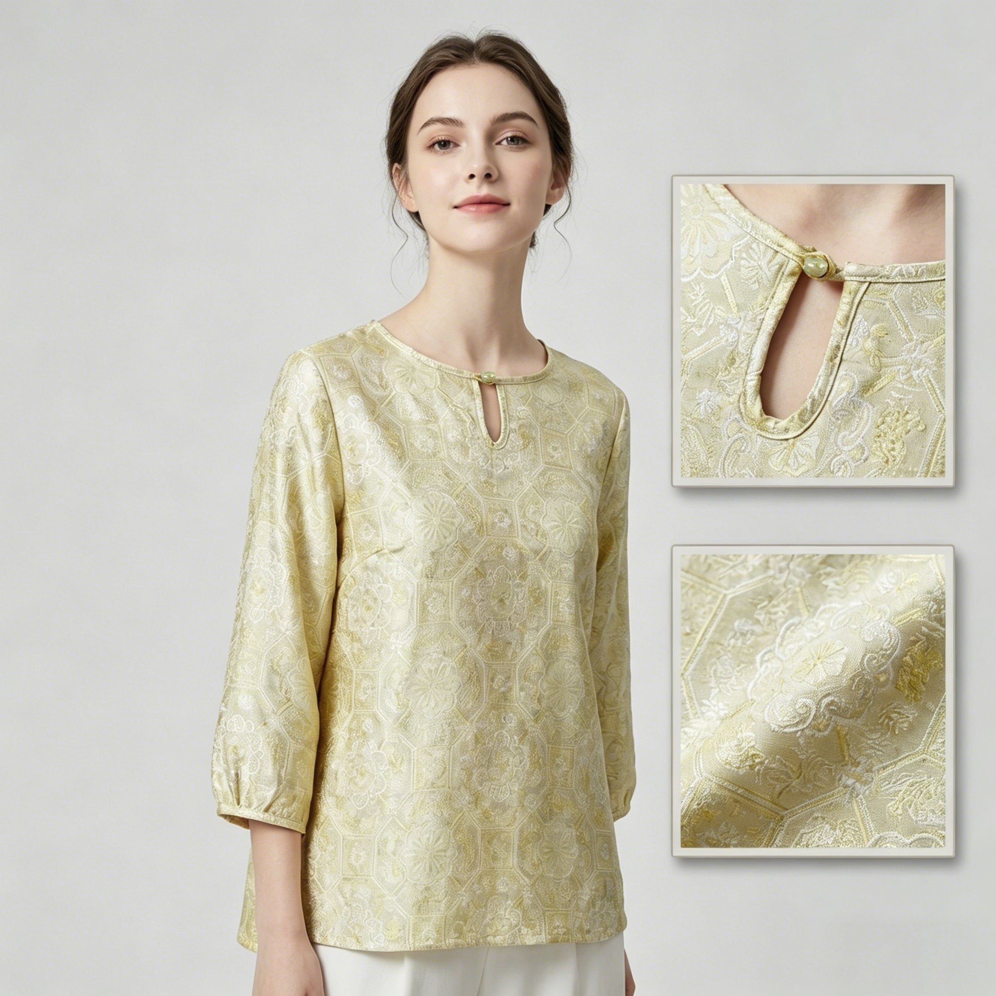 New Chinese-styleJacquard Satin Chinese Style 3/4 Sleeve Top