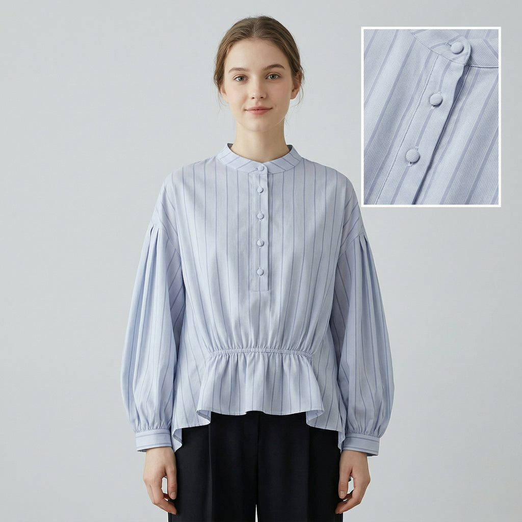 New Chinese-style Light Blue Striped Peplum Blouse