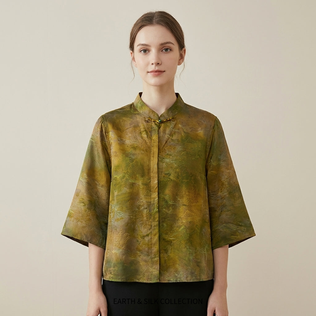New Chinese-style Landscape Jacquard Frog Button Top