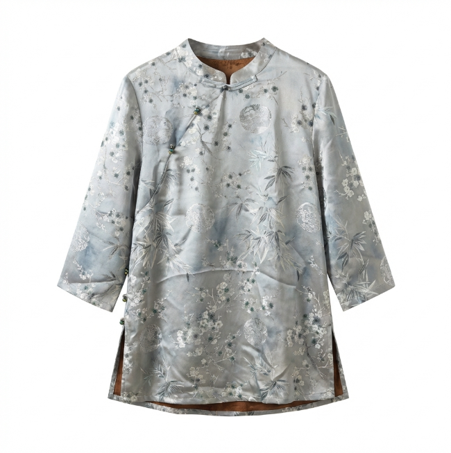 Plum Bamboo Jacquard Xiangyunsha Diagonal Placket Top