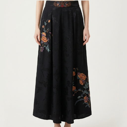 New Chinese-style Embroidered Wide-Leg Pants, Black Jacquard Draped Cropped Trousers