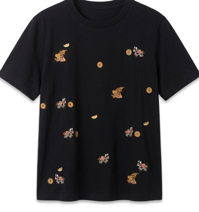 New Chinese-style Embroidered Crew Neck Short Sleeve T-Shirt
