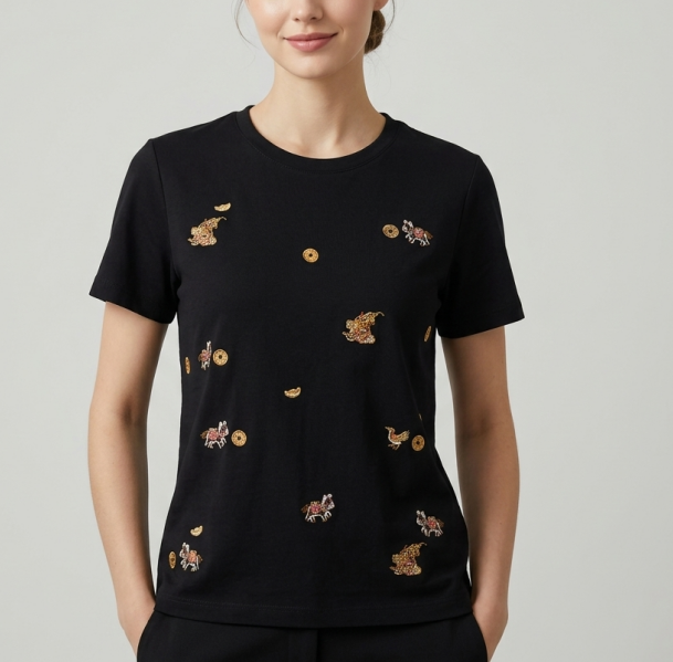 New Chinese-style Embroidered Crew Neck Short Sleeve T-Shirt