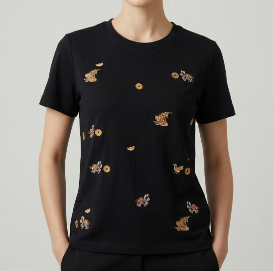 New Chinese-style Embroidered Crew Neck Short Sleeve T-Shirt