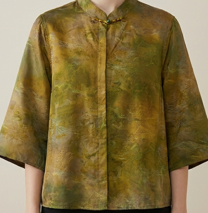 New Chinese-style Landscape Jacquard Frog Button Top