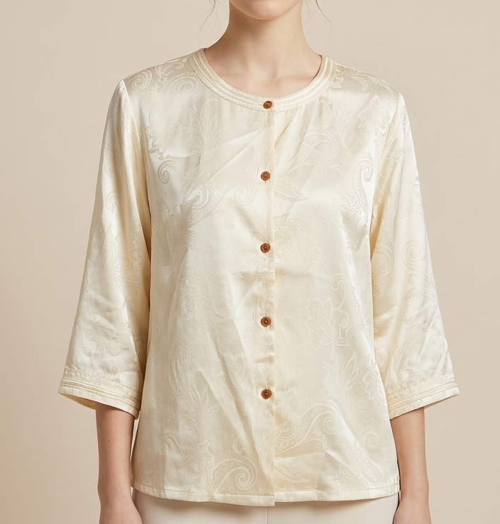 New Chinese-style Jacquard Round Neck 3/4 Sleeve Blouse