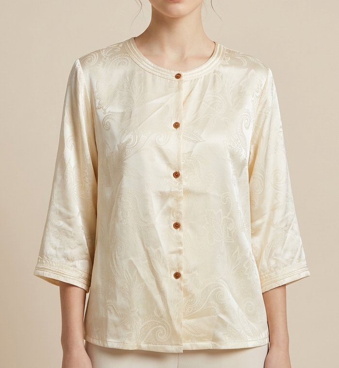 New Chinese-style Jacquard Round Neck 3/4 Sleeve Blouse