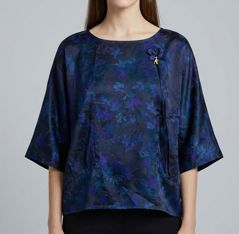 New Chinese-style women's top, satin jacquard shirt, summer mid-sleeve, cool and slimming