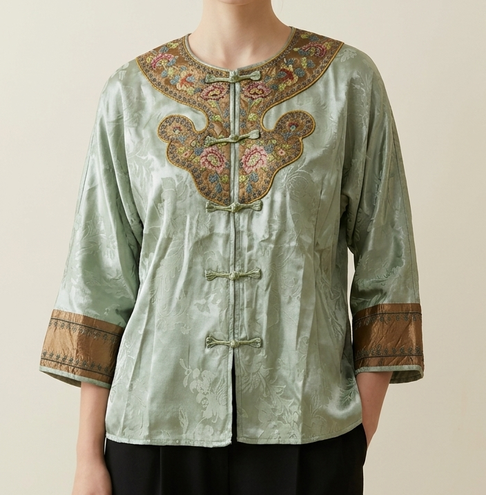 New Chinese-style Embroidered Frog Button Jacquard Top