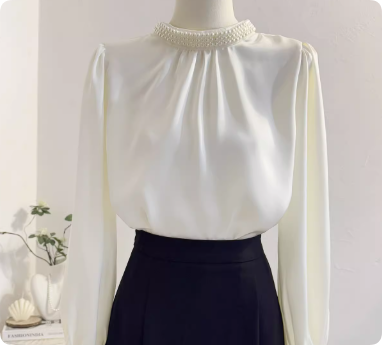 New Chinese-style Pearl Stand Collar Lace Cuff Satin Blouse