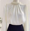 New Chinese-style Pearl Stand Collar Lace Cuff Satin Blouse