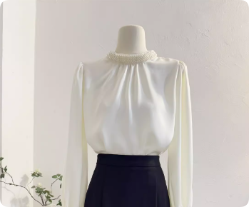 New Chinese-style Pearl Stand Collar Lace Cuff Satin Blouse