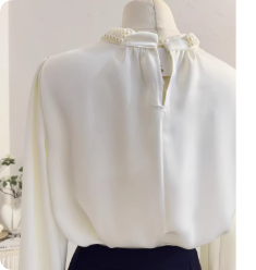 New Chinese-style Pearl Stand Collar Lace Cuff Satin Blouse