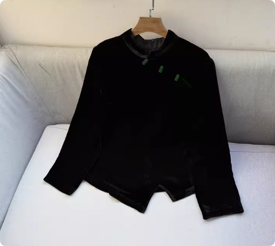 New Chinese-style Collar Velvet Cheongsam Top Black Slim Fit Blouse